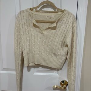 Cream Cable Knit V-Neck Sweater
